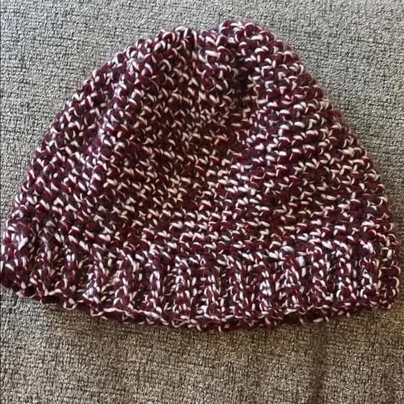 Knit Beanie Handmade in Maroon and White - Picture 2 of 4